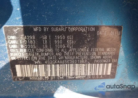 2019 Subaru Impreza 2.0I z USA, uszkodzony, nr VIN 4S3GKAA65K3601987